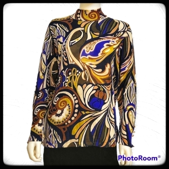 Chico's Retro Psychedelic Long Sleeve High Neck MOD Blouse - Picture 1 of 9